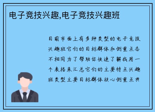 电子竞技兴趣,电子竞技兴趣班